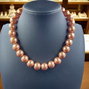 Peach Pink Pearl Beaded Necklace Gold Ribbon Tie Elegant Vintage Inspired Glam
